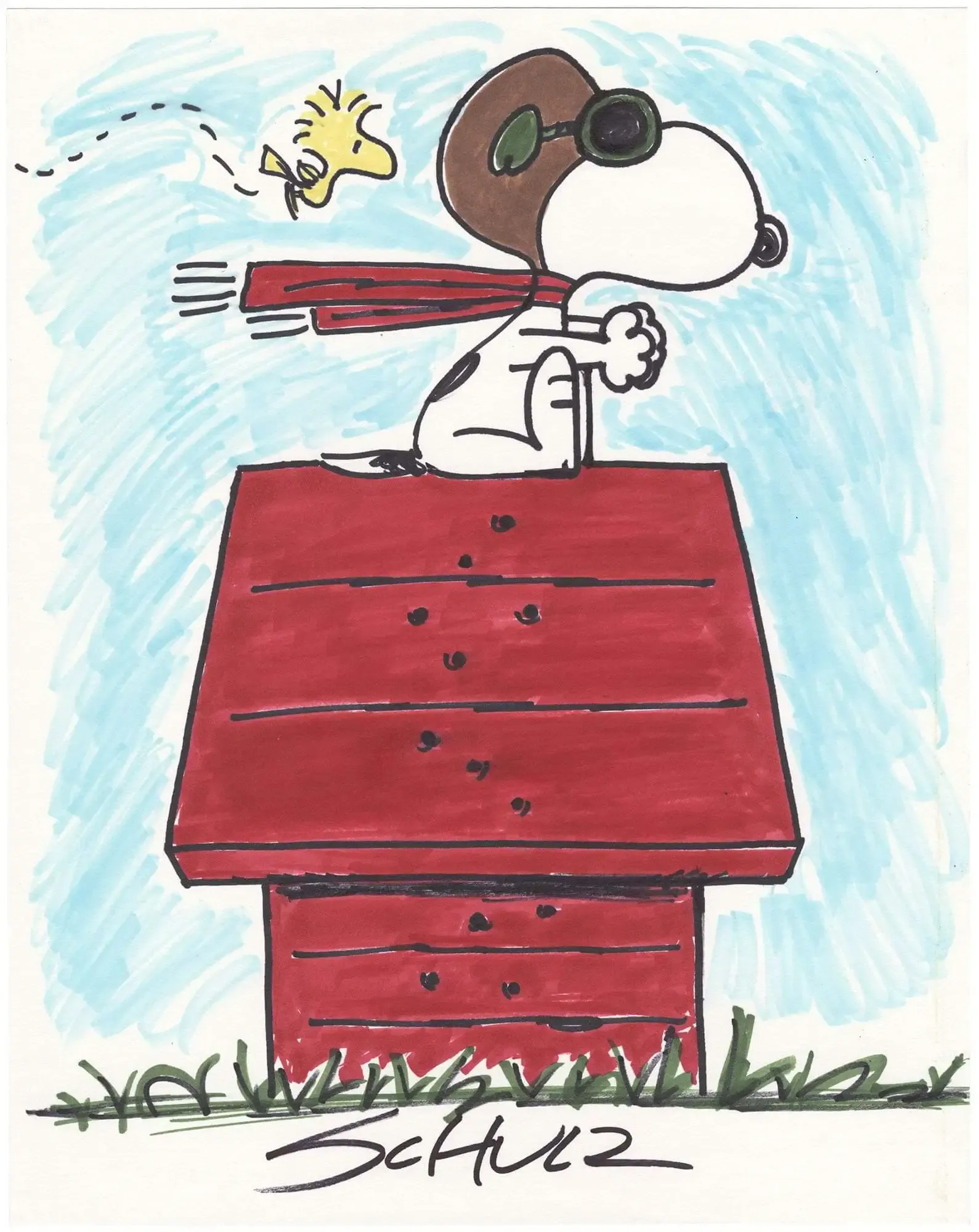 Schulz Red Baron Woodstock Color (Rare in color)